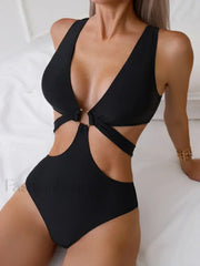 V Neck Cross Bandage High Cut One Piece
