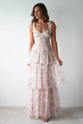 Pink Backless Strap Tiered Floral Dress