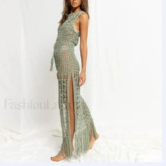 Solid Color Crocheted Hollow Out Sleeveless Cover Up