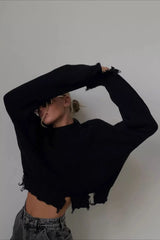 Edgy Distressed Crew Neck Solid Sweater