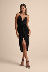 Dreamy Date Black Surplice Midi Dress