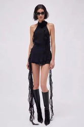 Asymmetric Rose Halter Mini Dress