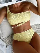 One Shoulder Wrinkled Metal Ring Bikini Set