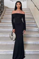 French Celebrity Style Black One-Shoulder Slim Fit Fish Tail Maxi Dress