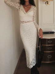 Floral Lace Long Trendy Sleeve Plunge Midi Dress