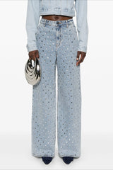 Rhinestone High Waist Denim Wide Leg Jeans