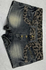 Vintage Leopard Patchwork Low Rise Denim Shorts