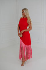 Gigi Fringe Maxi Dress-Red/Pink