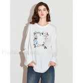 Printed Round Neck Cotton Long T-Shirt