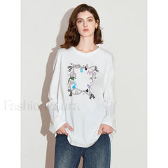 Printed Round Neck Cotton Long T-Shirt