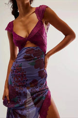 Lace Patchwork Strap Backless Slit Maxi Floral Dress