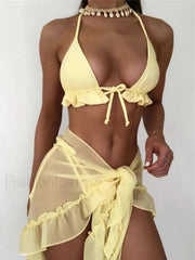 Halter Ruffled Sarong Bikini Three Piece Set