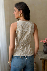 U Neck Jacquard Solid Button Detail Tank Top