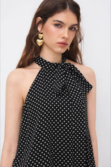 Black Polka Dot Draped Tie Halter Top
