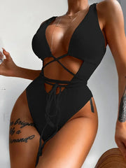 Wrap Deep V Ribbed Backless One Piece