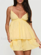 Summer V Neck Camis Ruffled Hem Tops Wide Leg Shorts Two Piece Set