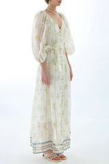 Embroidered Puff Sleeve Tie Boho Dress