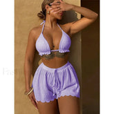 Purple Three Piece Shorts Bikini Set