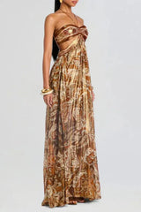 Strapless Lace Up Pleated Boho Dress