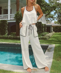 Loose White Cotton Tank Wide Two Piece Set
