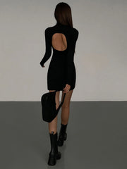 Turtleneck Open Back Trendy Long Sleeve Short Dress