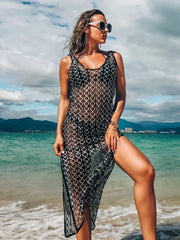 Mesh Knitted Solid Color Halter Hollow Out Cover-ups
