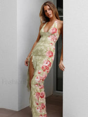 Split Print Halter Maxi Dress