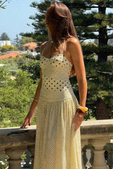 Retro Polka Dot Patchwork Halter Ruched Maxi Dress