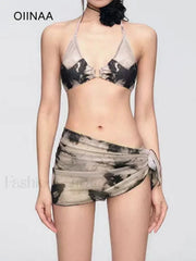 Printed Hollow Lace Three Piece Set