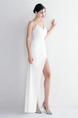 Long Satin Slit Halter Sheath Formal Dress