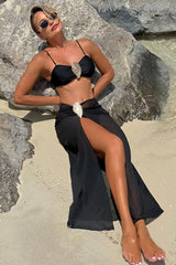 Solid Metal Buckle Strappy Three Piece Swim Set