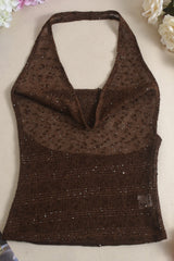 Sheer Sparkling Deep V Cowl Neck Halter Halter Top