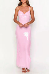 Pink Sequin V-Neck Slit Party Dress
