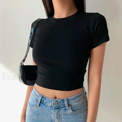 Short Sleeve Solid Simple Casual Crop Top