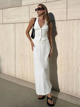 Solid V-Neck Backless Tie Up Classic Halter & Split Maxi Skirt Set