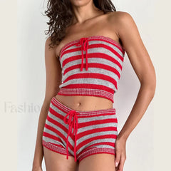Knit Striped Sleeveless Crop Tube Tops Drawstring Shorts Two Piece Set