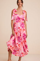 Fleurette Pink Floral Tie-Strap Midi Dress