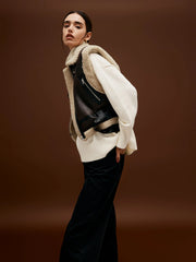Sherpa Lined Shearling Trendy Leather Biker Crop Vest