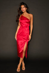 Desirable Dream Red Satin Jacquard Halter Neck Midi Dress