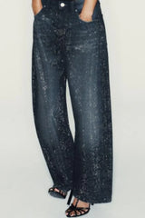Low Rise Wide Leg Rhinestone Embellished Jeans