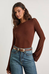 Maelis Dark Brown Ribbed Knit Long Sleeve Boat Neck Top