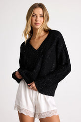 Ewan Black Sequin Cable Knit V-Neck Sweater