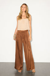 Bessah Light Brown Satin Wide Leg Mid-Rise Trouser Pants