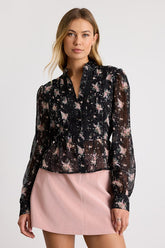 Odeliah Black Floral Crochet Lace Button-Front Long Sleeve Top