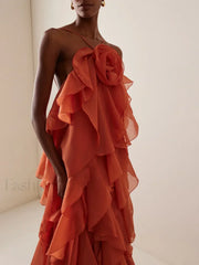 Ruffled Flower Chiffon Maxi Dress