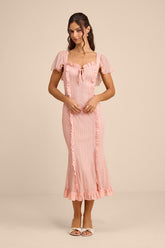 Aviara Light Pink Lace Ruffled Flutter Sleeve Midi Dress