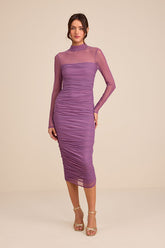 Impressive Flirt Dusty Purple Mesh Ruched Mock Neck Midi Dress