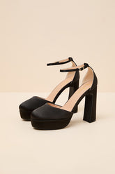 Vivien Black Satin Ankle Strap Platform Heels