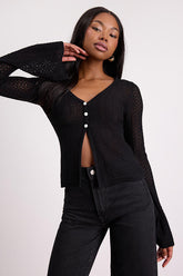 Freesia Black Pointelle Knit Button-Front Cardigan