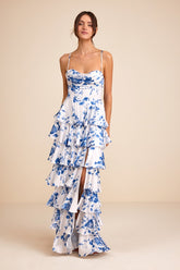 Arletta White and Blue Floral Satin Bustier Tiered Maxi Dress